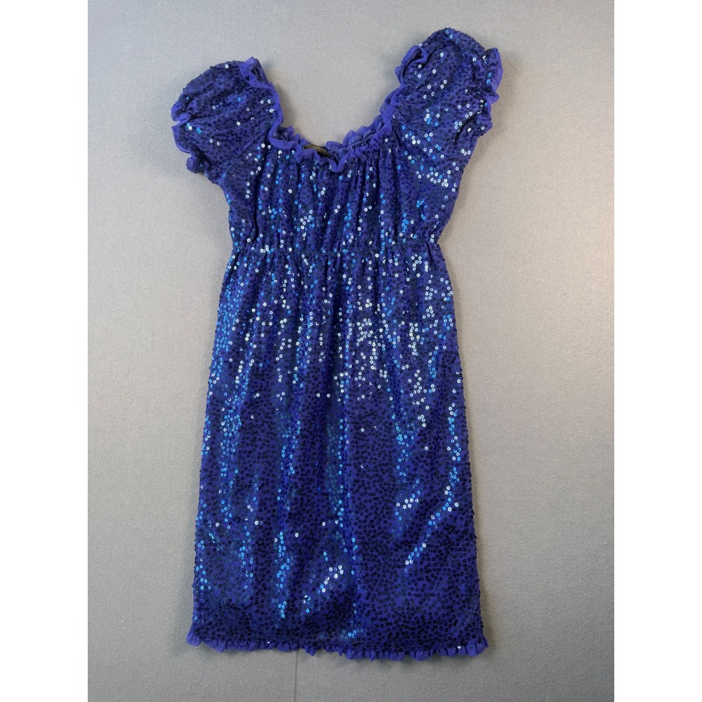 Betsey Johnson Evening Blue Sequin Milkmaid Mini Dress Puff Sleeve Size 6